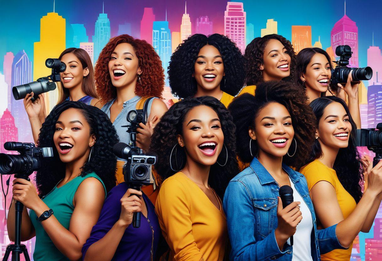 A diverse group of empowered women of various ethnicities, enthusiastically engaged in vlogging and storytelling, surrounded by cameras and microphones. The background depicts a vibrant cityscape, symbolizing growth and creativity, with colorful bursts of digital graphics representing their voices echoing through the media. Their expressions showcase confidence and passion, capturing the essence of empowerment and creativity. super-realistic. vibrant colors. dynamic composition.