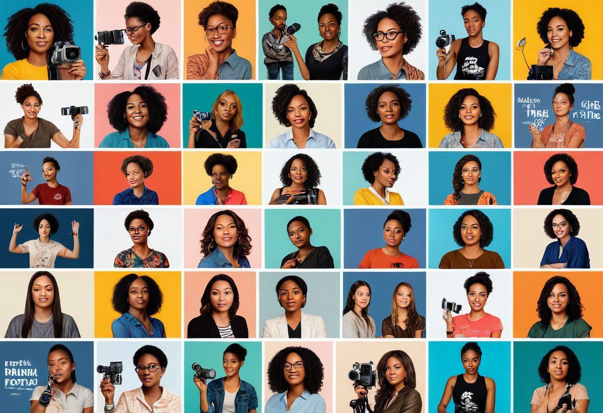 A dynamic collage portraying diverse women in various media roles: a filmmaker directing a scene, a journalist interviewing subjects, a content creator vlogging with a camera, and an artist painting a mural. Empowered expressions convey strength and creativity, surrounded by vibrant graphics symbolizing their stories and impact on society. Playful yet powerful color palette, blending elements of modern media and traditional artistry. super-realistic. vibrant colors. white background.